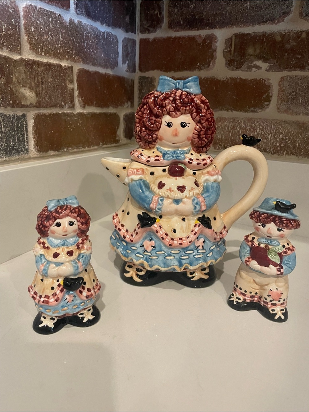 Vintage Hand-Painted Ceramic Doll Teapot and Figurine Set - Blue & Cream